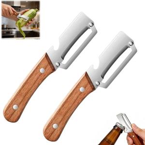 2 Pack Multi Functional Premium Vegetable Peeler,With Wooden Handle and Bottle Opener,2 in 1 Multi Functional Vegetable PeelerStainless Steel Blade for Fruit Apple Carrot