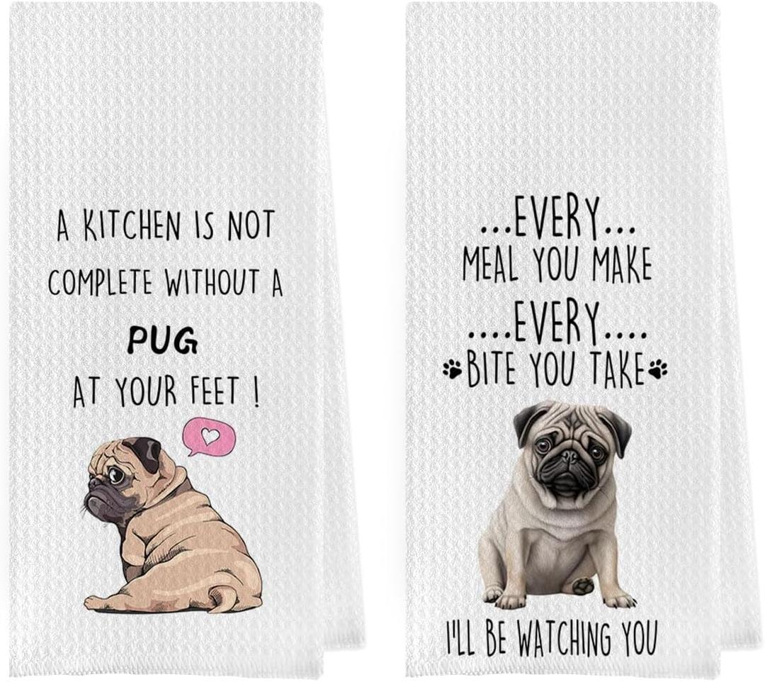 Geqtt Funny Pug Dish Towels Set - Pug Waffle Weave Kitchen Towels, Pug Decorative Hand Tea Towels for Bathroom Kitchen, Pug Gifts for Pug Lovers (16×24 Inches Set of 2)