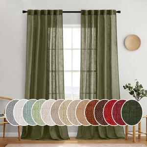 MIULEE Light Olive Green Linen Curtains 96 Inches Long 2 Panels for Bedroom Living Room, Soft Linen Textured Natural Window Drapes Semi Sheer Light Filtering Back Tab Rod Pocket Burlap Look Decor