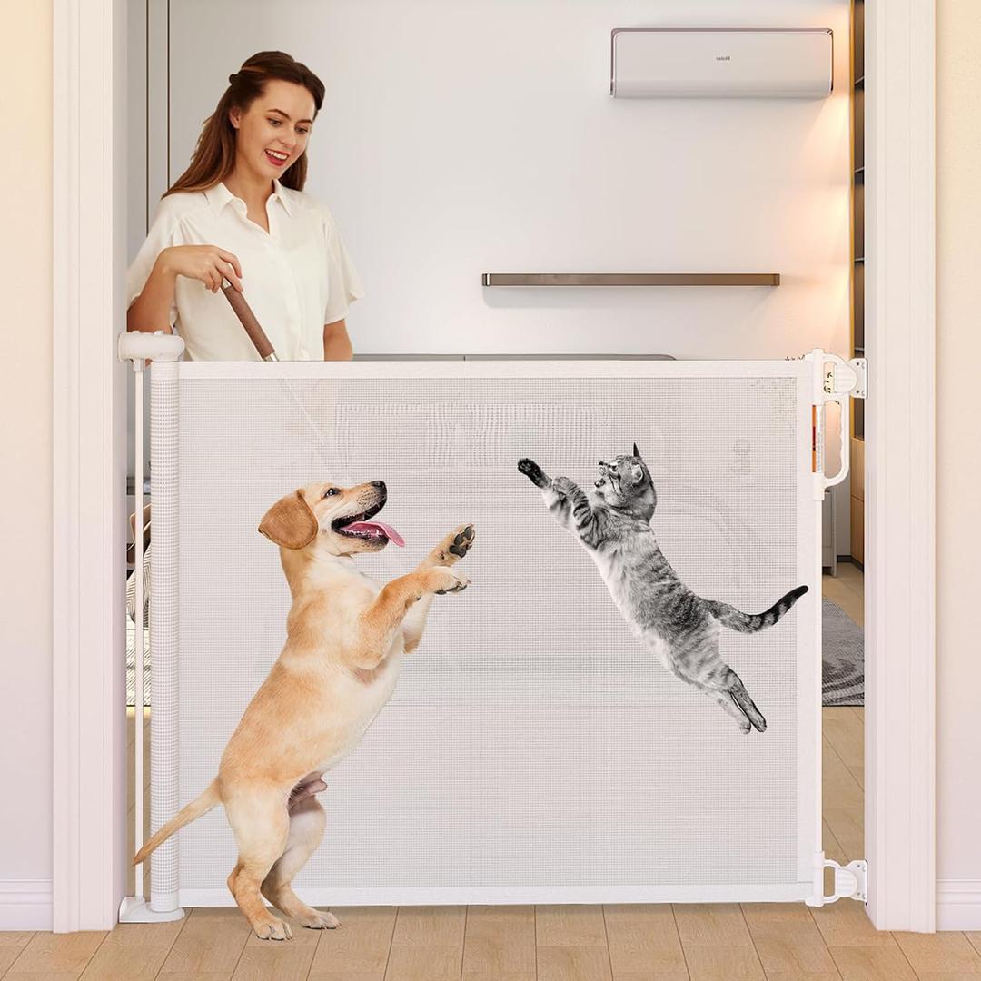 Retractable Baby Gate, Momcozy Extra Wide Mesh Baby Gates for Stairs, 41" Tall, Extends to 71" Wide, Black, Pet Dog Gate for Doorways, Stairs, Hallways, Indoor/Outdoor (41" Tall x 71" Wide, White)