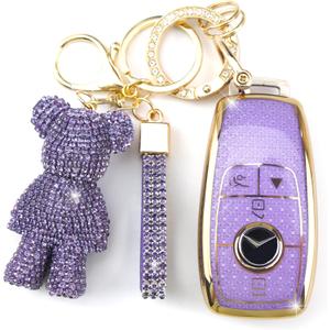 Rayslesan Cute Key Fob Cover with Rhinestone Bear Charm, Bling TPU Smart Key Case for Women, Compatible with Benz A C E S G GLA GLC GLE GLS CLA CLS GT (4-Button, Purple-Gold)