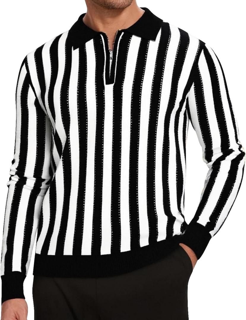 Alex Vando Mens Knit Polo Shirts Long Sleeve Sweater Casual Fashion Classic Button Down Polo Shirts (Medium, Black/White)