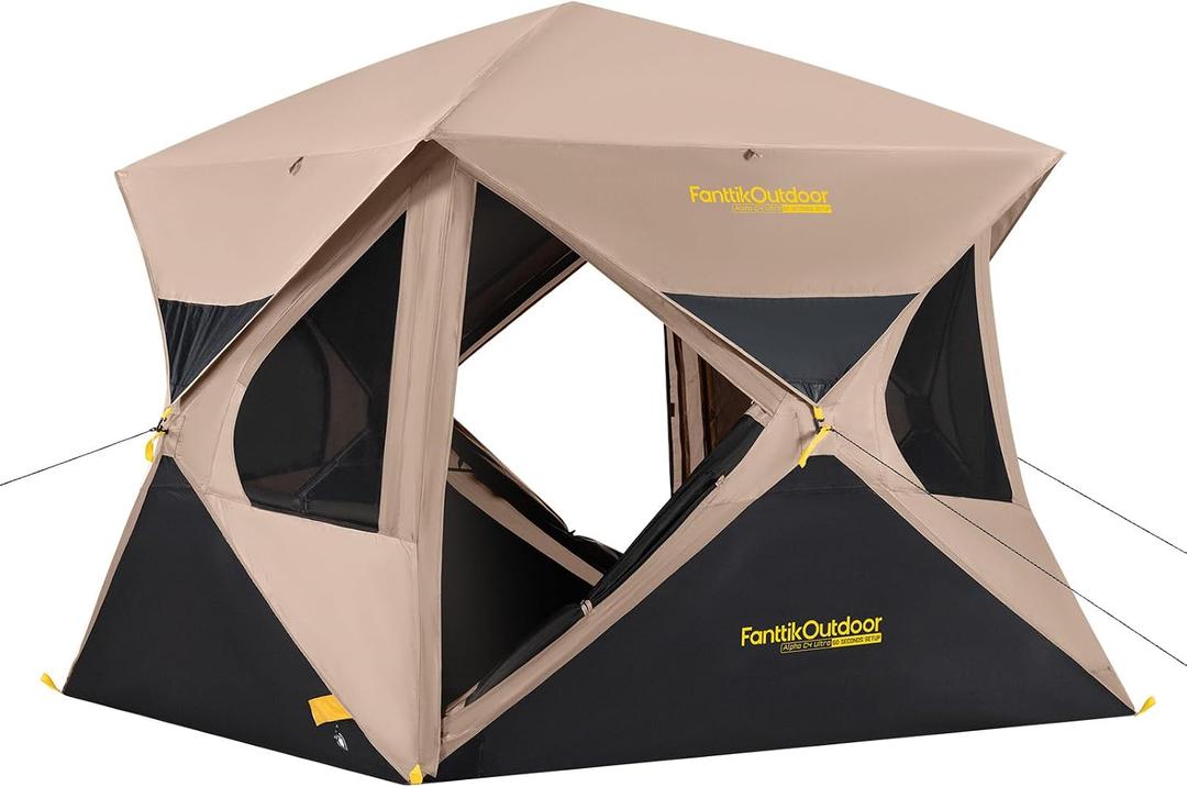 FanttikOutdoor Alpha C4 Ultra Camping Tent 4 Person Pop Up Instant Cabin Setup in 60 Seconds Portable Hub Tent with Rainfly & Windproof for Outdoor Camping & Overlanding, Khaki