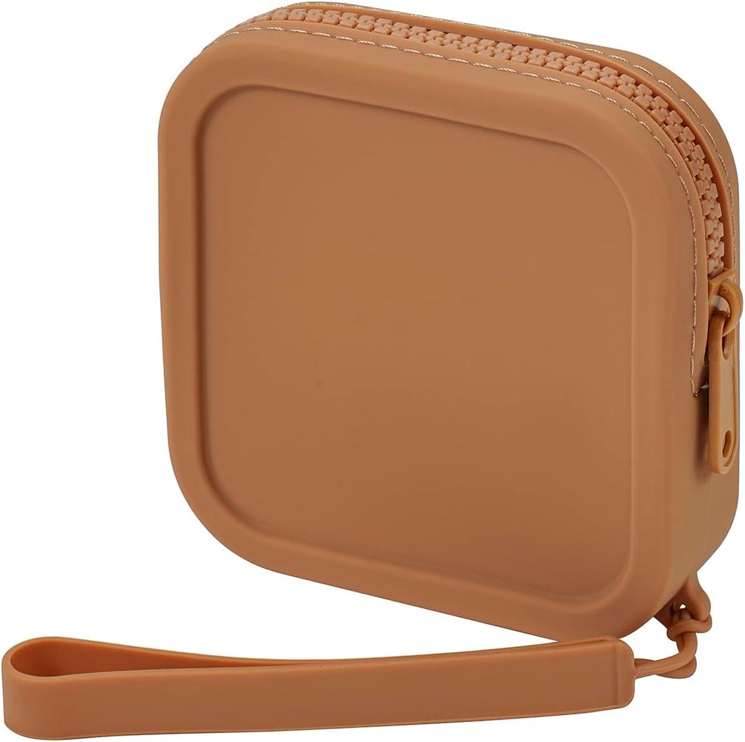 Small Square Portable Silicone Makeup Bag for Women Girls, Small Travel Lovely Waterproof Toiletry Cosmetic Bag, Zipper Closure Organizer Makeup Case with Handle (Light Brown)