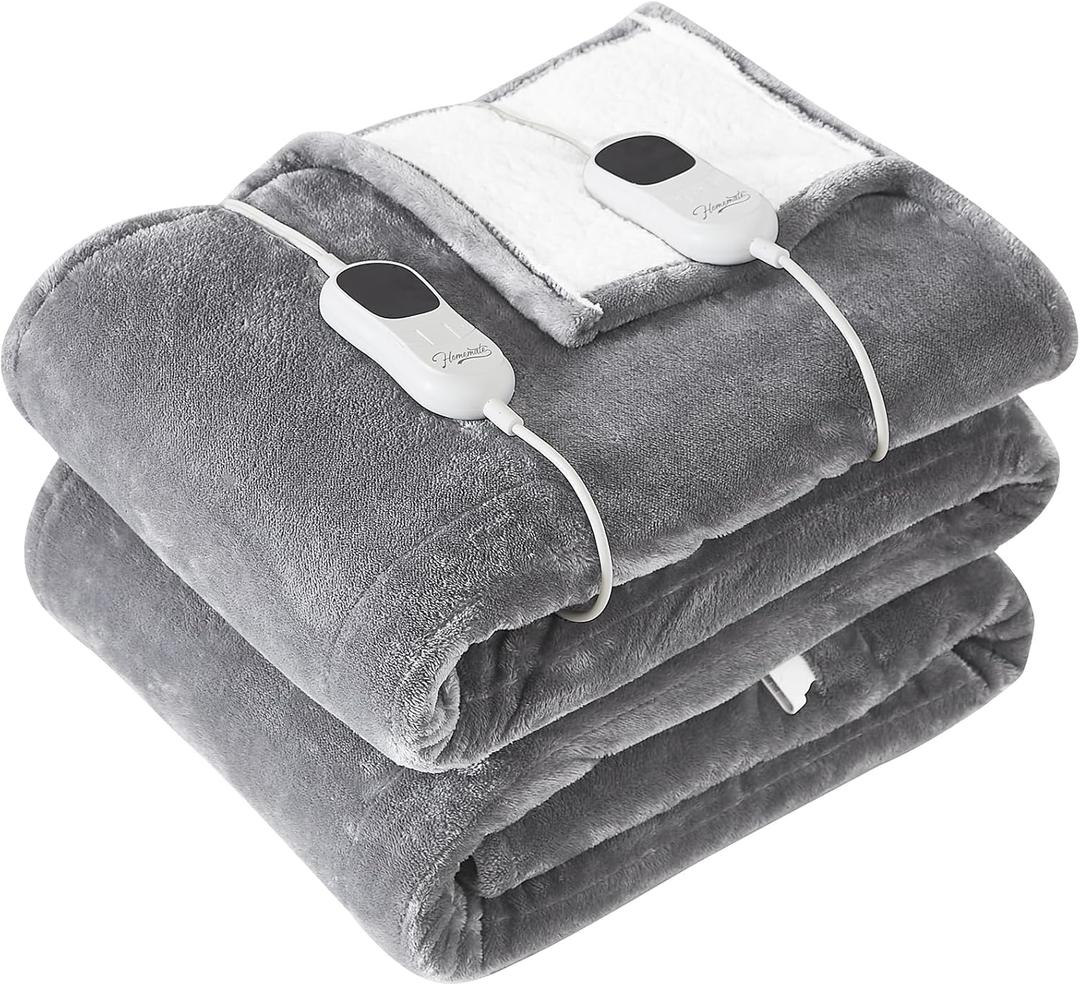 Homemate Electric Heated Blanket Queen - 84"x90" Heating Blanket Queen Size Dual Control 1/2/4/6/8 Hours Auto-Off 10 Heat Level Over-Heat Protection Flannel Sherpa ETL Certification (Light Grey)