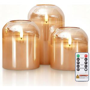 Homemory Glass Flameless Candles, Battery Operated Plliar Candles Realistic Flickering, LED Electric Light with Remote and Timer for Home, Christmas Decoration, Gold, Set of 3