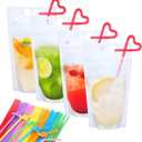 20 PCS Drink Pouches Bags with 20 Disposable Plastic Straws, Hand-held Frosted Translucent Reclosable Zipper Juice Pouches for Adults and Teens