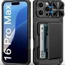 for iPhone 16 Pro Max Case Wallet, Built-in Card Holder (4-5 Cards), Slide Lens Cover, Military Drop Protection, Rugged Heavy Duty Men Women Protective Phone Case for iPhone 16 Pro Max, Black