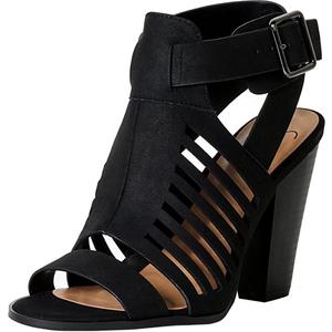Soda Yummy ~ Gladiator Cutout Stacked Heel Sandal Shoes with Adjustable Ankle Buckle (Size 9, Black)