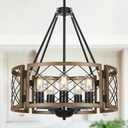 5-Light Farmhouse Chandelier Brown Rustic Chandelier for Dining Room Wood Texture Adjustable Pendant Light,Drum Chandelier for Kitchen Island Entryway Bedroom Hallway,18.9'',E26.