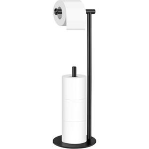 Toilet Paper Holder Stand, Free Standing Black Toilet Paper Roll Holder with Storage, Modern Stainless Steel Floor Bathroom Toilet Paper Stand Tissue Roll Holder for 4 Rolls, YOFOVI