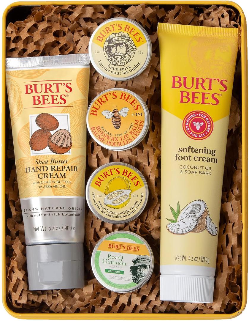 Burt's Bees Gifts Ideas - Classics Set, 6 Products in Giftable Tin Cuticle Cream, Hand Salve, Lip Balm, Res-Q Ointment, Hand Repair and Foot Cream