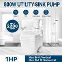 Upgraded 1 HP Utility Sink Pump with PCB Function Upflush to 36FT 2200GPH Under Sink Pump with 3 Water Inlets 1 Outlets Macerating Toilet System for Sink Shower Wash Bin Urinal Kitchen Basement