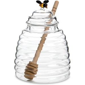 HIC Kitchen Glass Honey Jar with Lid and Honey Dipper, Borosilicate Glass and Beechwood