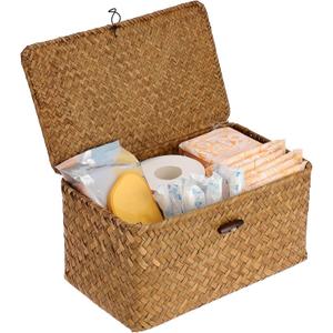 Sumnacon Wicker Basket with Lid Rectangle Woven Baskets for Toiletries Tampon Storage,Wicker Storage Basket with Lid,Decorative Seagrass Storage Baskets for Shelf Bathroom Toilet Table, Caramel
