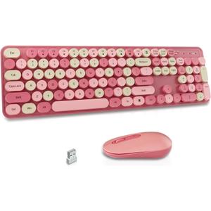LIZRROT Wireless Keyboard and Mouse Combo, Round Keycaps, Retro Typewriter Keyboard Silent, Auto Sleep, 2.4G Wireless Connection for PC/Windows/Mac (Pink)