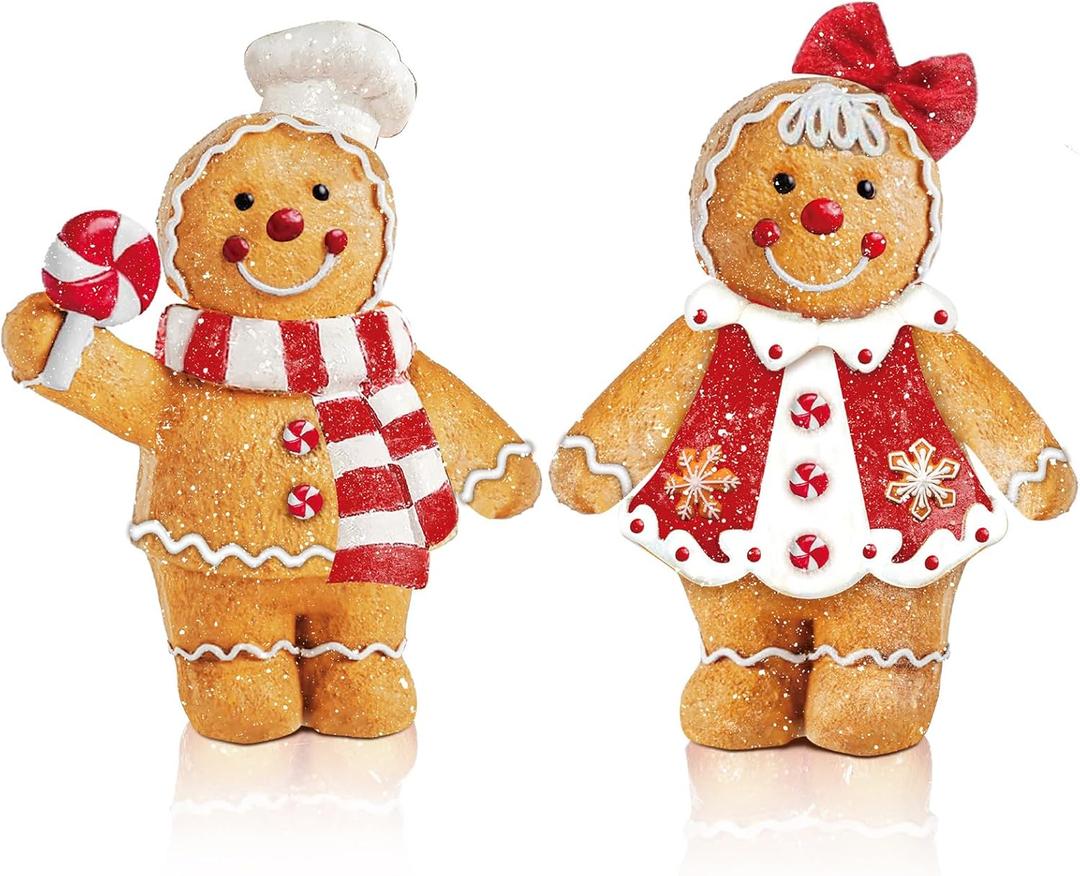 2 Pieces Christmas Gingerbread Decorations Christmas Resin Gingerbread Man Figurines with Chef Hat Candy Bow Scarf Gingerbread Table Decor Christmas Decor for Home Kitchen Mantel Decorations