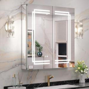 Keonjinn 30 x 32 Inch Lighted Medicine Cabinet with Lights, LED Medicine Cabinet Mirror for Bathroom, Tempered Glass, Adjustable Shelves, No Outlets, 3 Color Temperature, Anti-Fog, Surface Mount Only