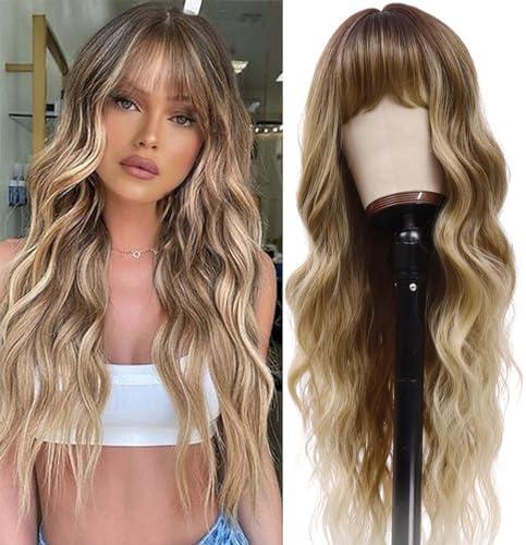 Vomella Dirty Blonde Wig with Bangs 26 Inch Long Curly Wavy Wigs for Women Natural Looking Synthetic Heat Resistant Wig for Daily Party Use