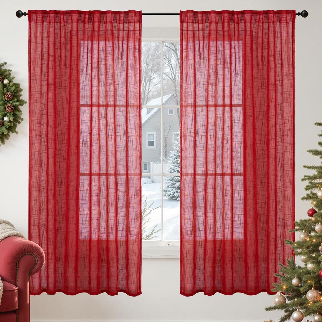 YoungsTex Red Linen Semi Sheer Curtains 63 Inch Length - Light Filtering Drapes with Back Tab Rod Pocket Lightweight for Living Room Window, 2 Panels, 52 X 63 Inch