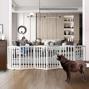 Freestanding Dog Gate Indoor,Doggie Gate Foldable Dog Gates for Doorways,Stairs or Hallways, Wooden White Pet Gate for The House, Pet Fence with Support Feet Included,32 "Height-6 Panels