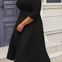 CLOCOR Women's Plus Size Midi Dress 3/4 Sleeve A-Line Swing Dress V Neck Flowy Casual Dresses (Black, L)