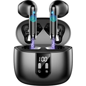 Wireless Earbuds, Bluetooth Headphones V5.4 Stereo Bass Ear Buds with ENC Noise Cancelling Mics,56H Bluetooth Earbuds with LED Display Charging Case, IP7 Waterproof Earphones for Android iOS,Black