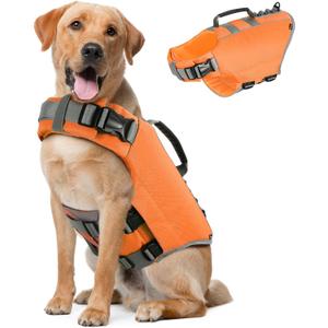 Pawaboo Dog Life Jacket, Reflective Dog Safety Vest Adjustable Pet Life Preserver with Strong Buoyancy & Sturdy Rescue Handle, Ripstop Dog Lifesaver Vests for Swimming, Boating, XL, Orange