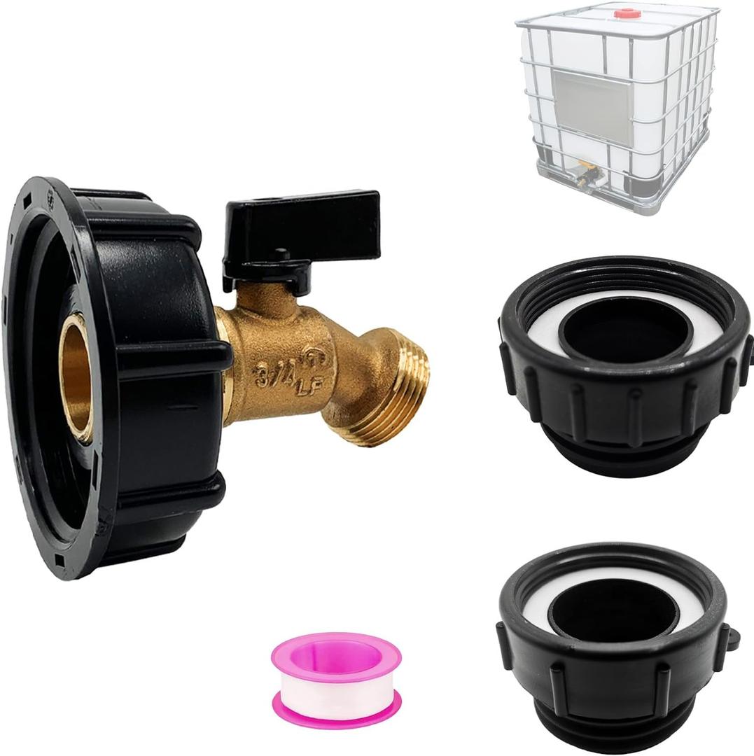 275-330 Gallon Water Tank IBC Tote Adapter 2.36" Coarse Thread Brass Hose Faucet Water Shut-Off Valve with Ball Valve, Garden Hose Connector Replace Valve Part, IBC Water Tank Fitting Part