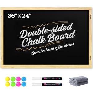 2-in-1 Double-Sided Magnetic Chalkboard 36"x24", Chalk Calendar Board & Large Blackboard for Kitchen & Home Decor, Schedule, Menu, Back-to-School Gift - Hanging Chalk Board with 2 Liquid Pens, Wood