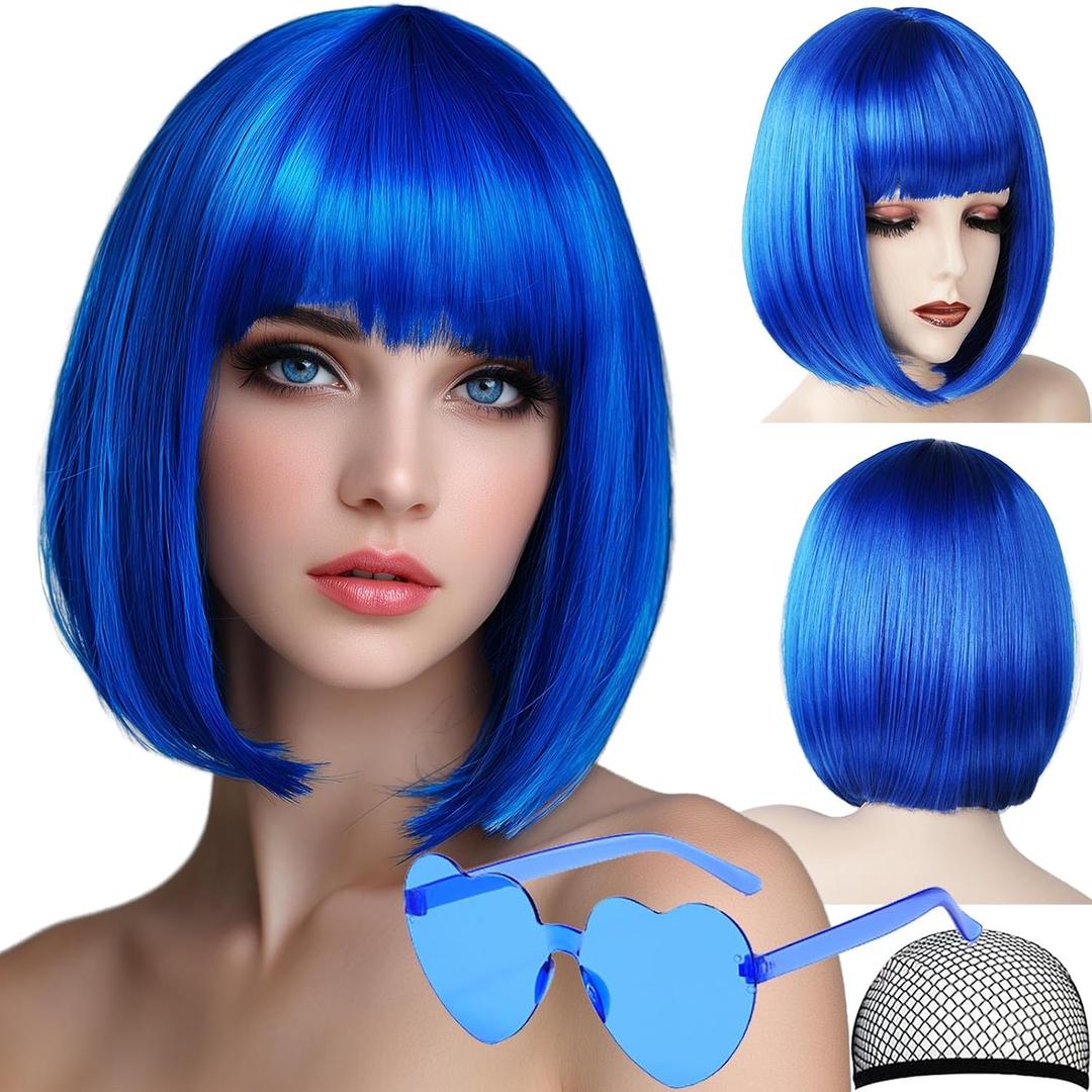Bob Wig, 12 Inch Short Blue Bob Wig with Bangs,Straight Cosplay Wig,Heat Resistant,Adjustable Straps Wigs for Women Girl with Wig Cap