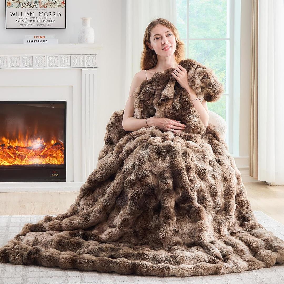 Lotus Karen Faux Fur Throw Blanket Tie-Dye Dark Coffee - Big Bubble Rabbit Fluff Blanket for Couch, Small Fluffy Fuzzy Cozy Blanket,Thick Furry Plush Shaggy Blankets,60x80 Inches