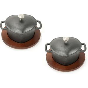 HAWOK Pre-seasoned Cast lron Mini Dutch Oven, 8.8oz. with Wooden Underliner, Heart Shaped, Set of 2, Black