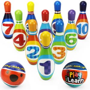 iPlay, iLearn Kids Bowling Toys Set, Toddler Indoor Outdoor Activity Play Game, Soft 10 Foam Pins & Two Balls Playset, Educational, Birthday Party Gift for 18 24 Months, 2 3 Year Old Children Boy Girl