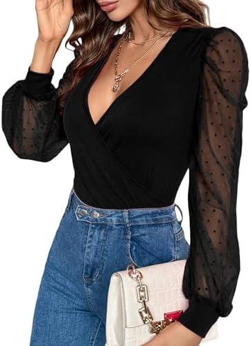 Fayenne Womens Tops Deep V Neck Cross Wrap Sexy Tops Polka Dot Mesh Long Sleeve T Shirt Casual Blouses, Size L