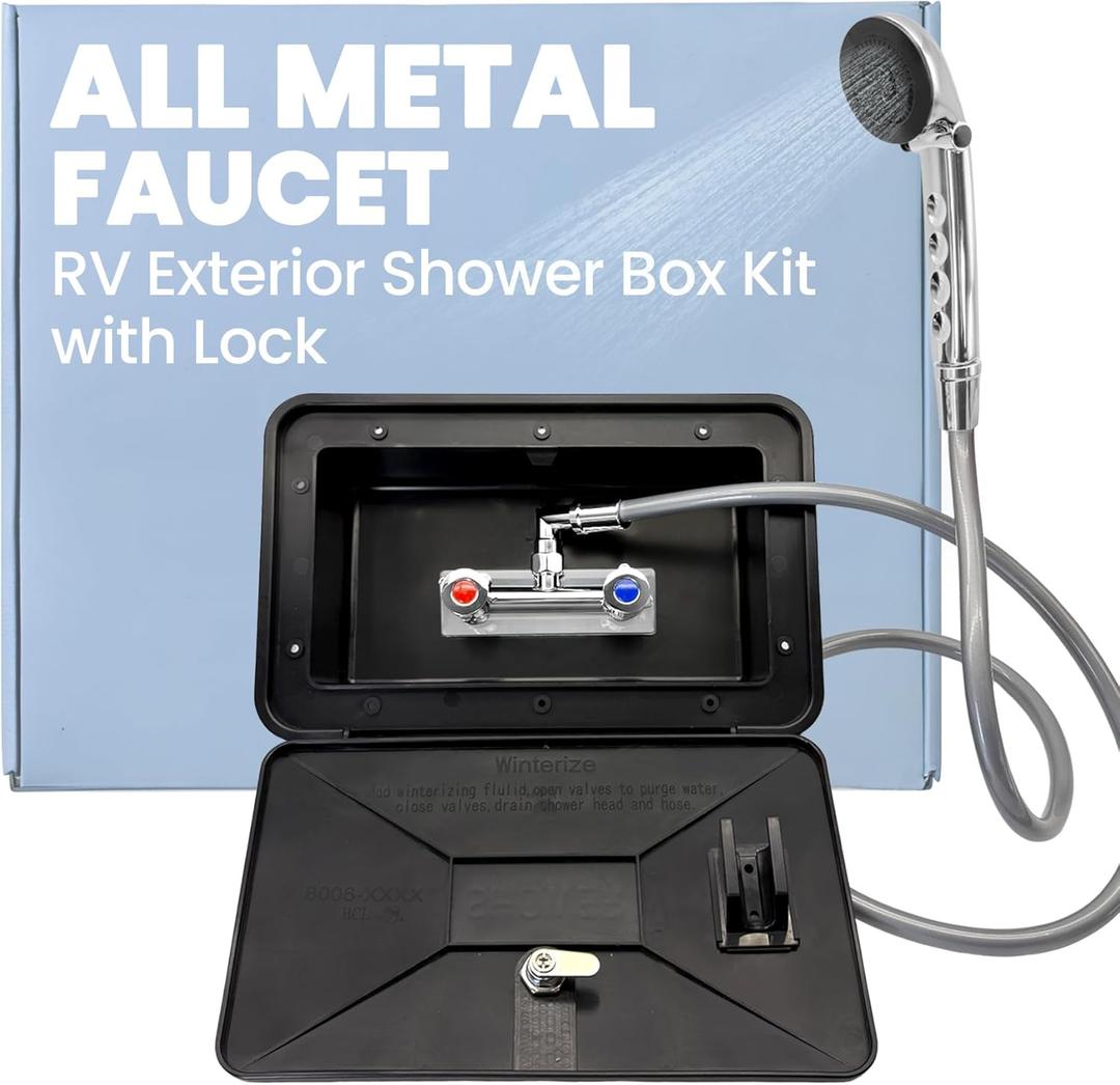 RV Exterior Shower Box Kit with Lock, All-Metal Outdoor Faucet with 59" Hose, 360° Swivel Adapter, UV-Resistant & Rust-Free Outside Shower Station for Camper, Travel Trailer, Motorhome, Boat