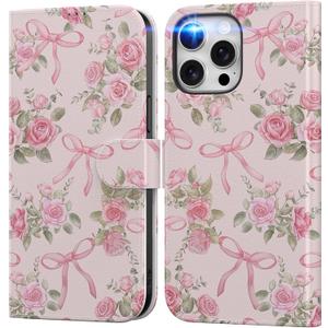 DEENAKIN for iPhone 15 Pro Max Wallet Case with Card Holder + Cash Clip, RFID-Blocking, Military-Grade Protection & UV-Printed Artwork, Magnetic Closure with Leather Stand - Pink Rose and Bows