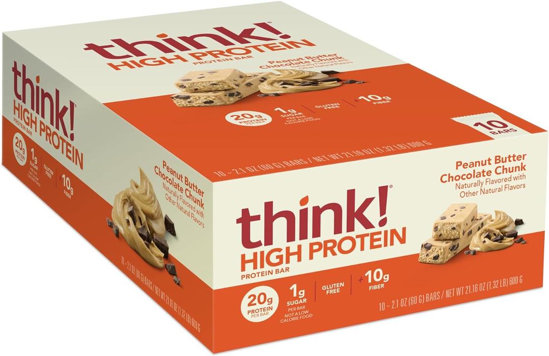 think! Protein Bars, High Protein Snacks, Gluten Free, High Fiber, Peanut Butter Chocolate Chunk, 10 Count, BB 21 OCT 2025