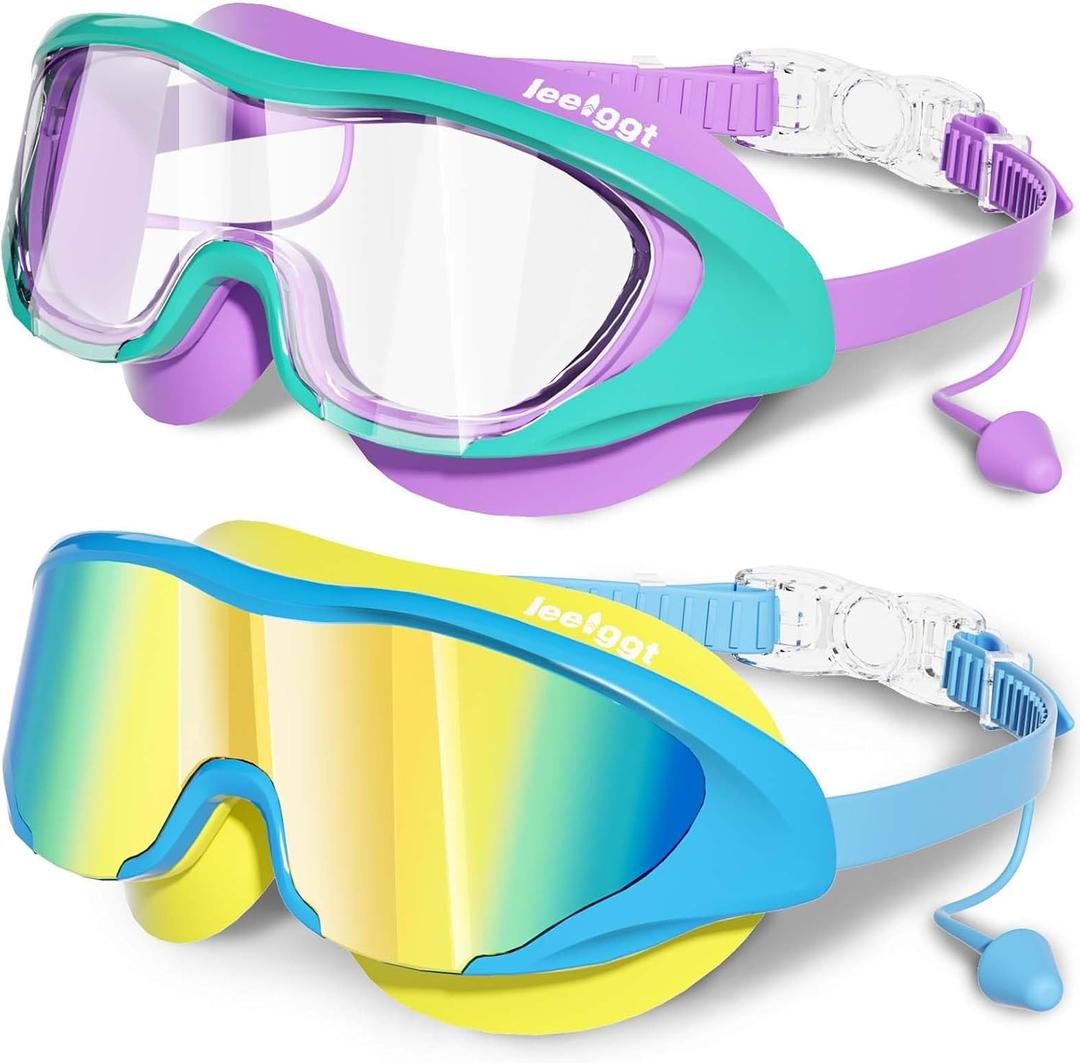 Swimming Goggles for Kids 8-14, 2 Pack Anti Fog UV Kids Swim Goggles with Ear Plugs Attached
