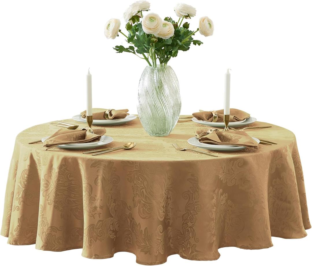 Newbridge Barcelona Damask Fabric Tablecloth, 70 Inch Round, Gold  No Iron, Soil Resistant Table Cover for Dining, Parties and Holidays