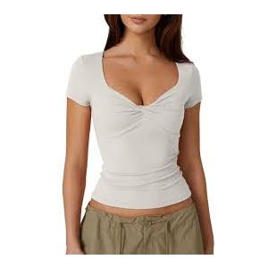 QINSEN Women's Sexy Short Sleeve Henley T Shirts Double Lined Button Up Slim Fit Crop Top Y2K Going Out Tops (Large)