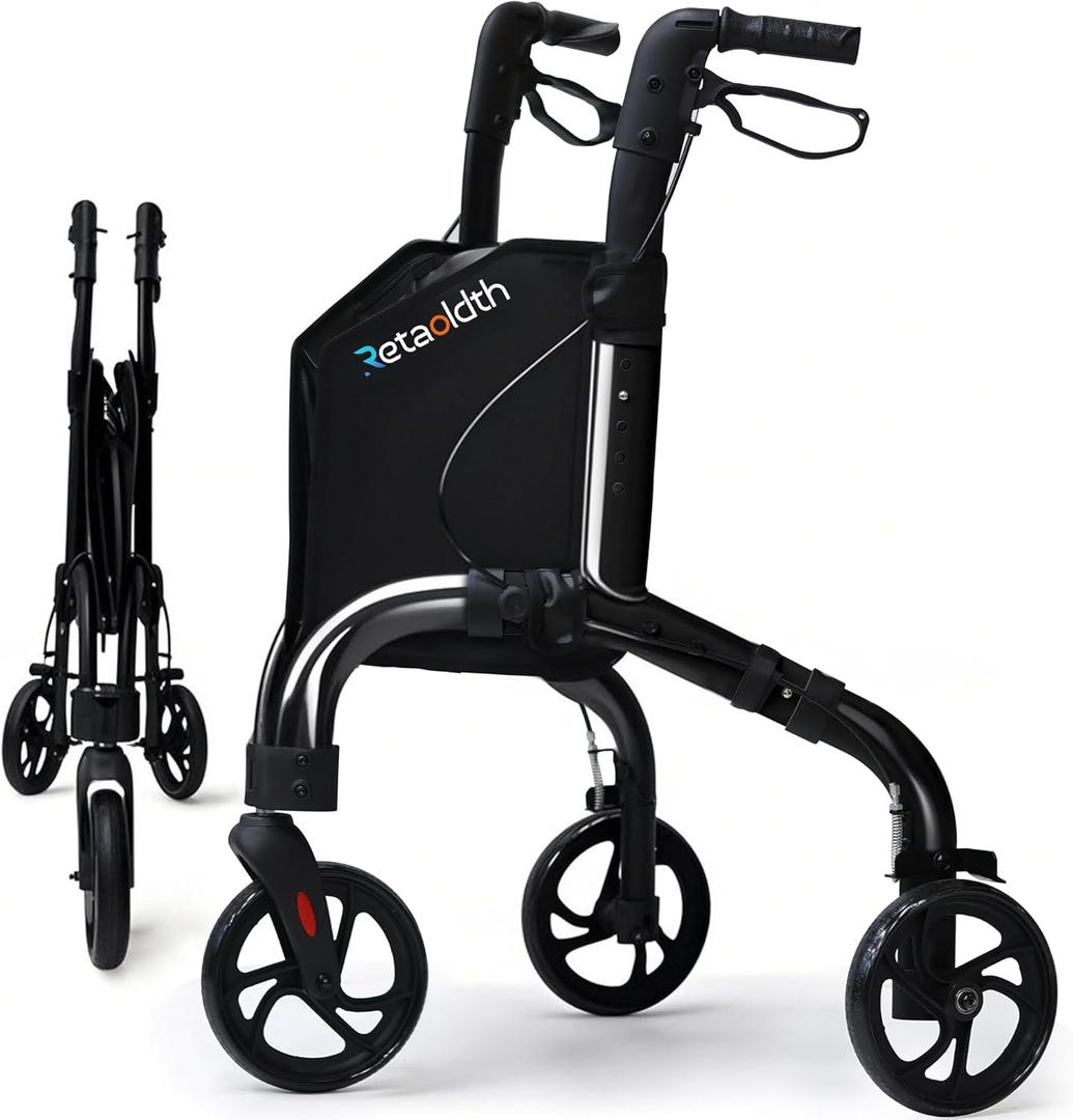 Premium 3 Wheel Rollator Walker for Seniors, Lightweight Foldable Elderly Three Wheeled Rollator with Storage Bag, Aluminum Mobility Aid Rolling Walker (Black)