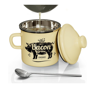 Bacon Grease Container With Strainer, 46OZ Large Enamel Grease Container, With Silicone Spatula, Farmhouse Bacon Grease Keeper, Cooking Oil Container For Kitchen Fat Storage, Dishwasher Safe-Black