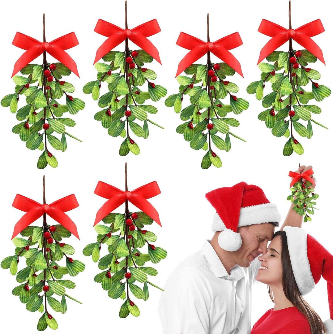 6 Pieces Artificial Mistletoe Picks Christmas Mistletoe Ornament with Red Bow Holiday Mistletoe Branches with Red Berries Xmas Tree Hanging Kissing Mistletoe Ornament for Couple Home Party Decor