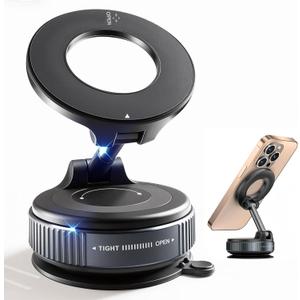 Upgraded Magnetic Phone Holder for Car, 360 Adjustable Vacuum MagSafe Car Mount, Reinforced 98 LBS Ultra Suction Cup Foldable Bracket, Works with iPhone, Android and All Smartphones (Black)
