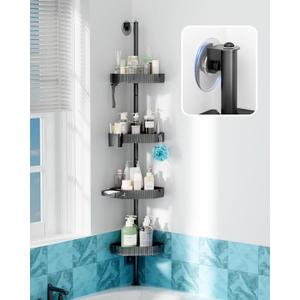 UNEEDE 60in Corner Shower Caddy Pole for Bathroom Bathtub,4 Tier Adjustable Height Acrylic Storage Shelves, Floor Standing Bath Rack for Bathroom, Large Capacity Easy Installation Shower Organizer