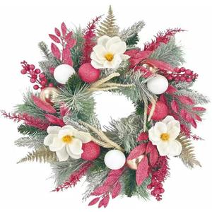 20 inch Pink Christmas Wreath for Front Door, Artificial Cedar with White Magnolia Flowers Paired with Pink Berry Balls,Used for Window, Wall, Porch, and Other Indoor and Outdoor Home Decorations
