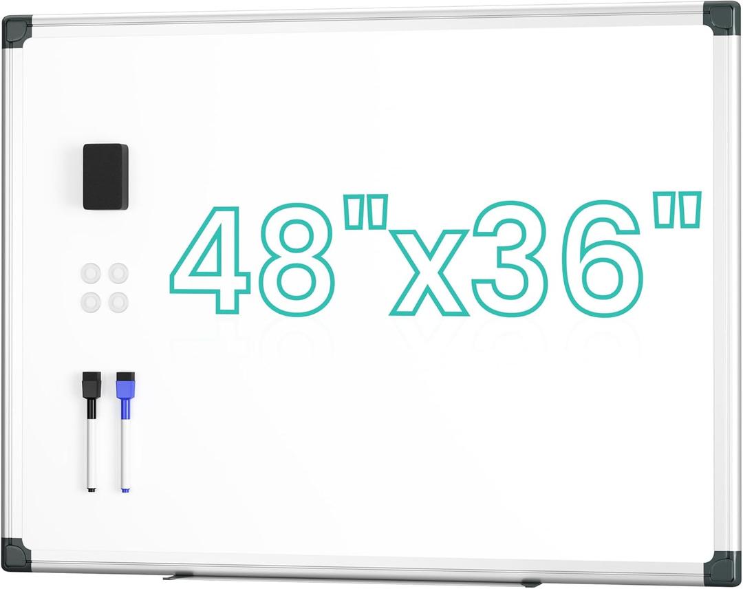 VUSIGN Magnetic Dry Erase Board for Wall, 48" x 36" for Office, Class, Home, Hanging whiteboard with 1 White Board Eraser, 2 Multicolor Marker, 4 Magnetic Pins, Aluminum Frame, Silver