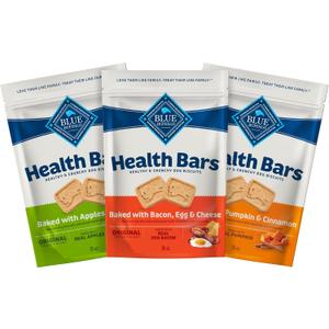 Blue Buffalo Health Bars Crunchy Dog Biscuits, Variety Pack, Bacon, Egg & Cheese, Apple & Yogurt, Pumpkin & Cinnamon, 16-oz Bags