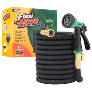 Flexi Hose with 8 Function Nozzle, 75FT - Lightweight Expandable Garden Hose, No-Kink Flexibility, 3/4 Inch Solid Brass Fittings and Double Latex Core - Black and Green